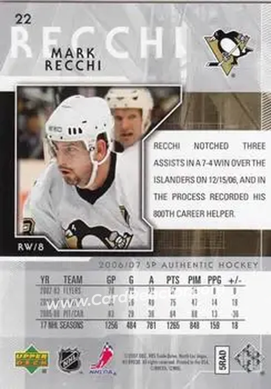 2006-07 SP Authentic #22 - Mark Recchi - Pittsburgh Penguins - Back 2006-07 SP Authentic #22 - Mark Recchi - Pittsburgh Penguins - Back