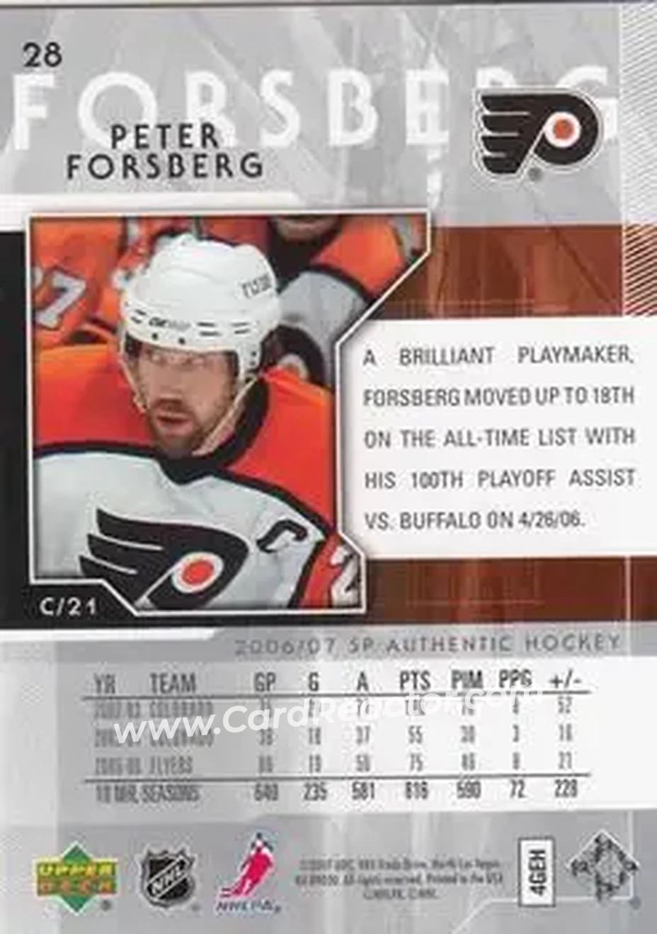 2006-07 SP Authentic #28 - Peter Forsberg - Philadelphia Flyers - Back