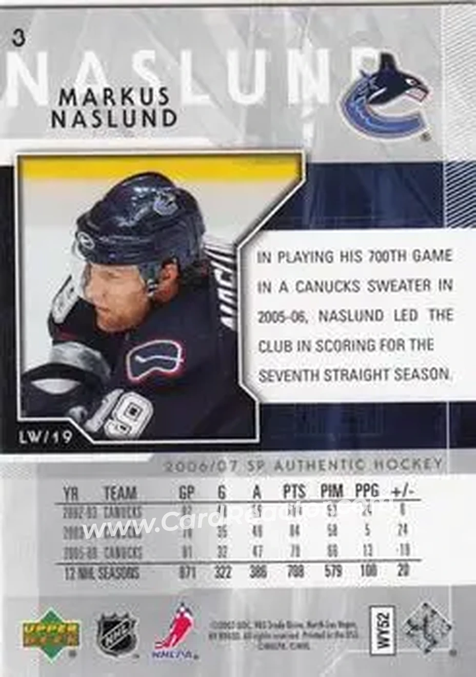 2006-07 SP Authentic #3 - Markus Naslund - Vancouver Canucks - Back 2006-07 SP Authentic #3 - Markus Naslund - Vancouver Canucks - Back