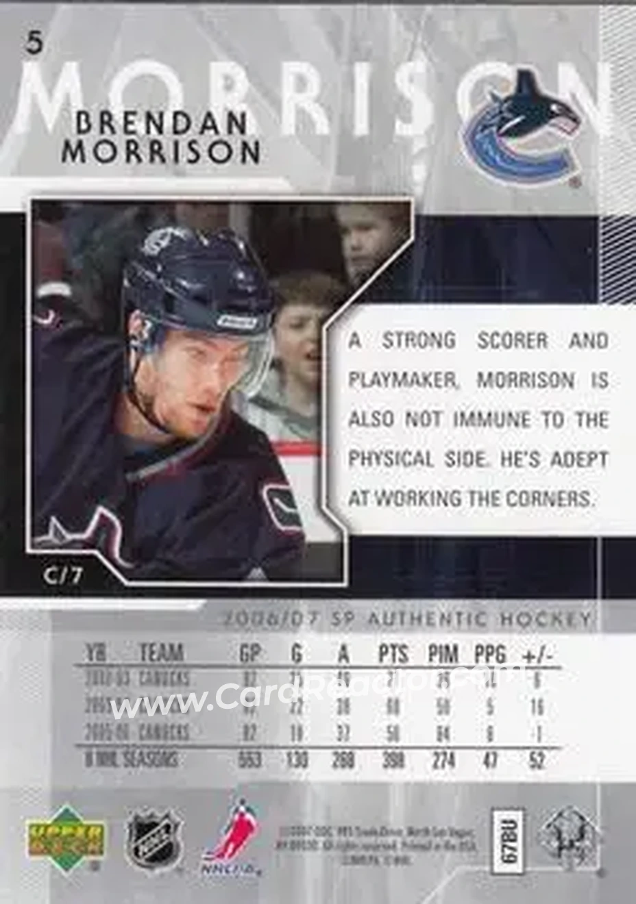 2006-07 SP Authentic #5 - Brendan Morrison - Vancouver Canucks - Back 2006-07 SP Authentic #5 - Brendan Morrison - Vancouver Canucks - Back