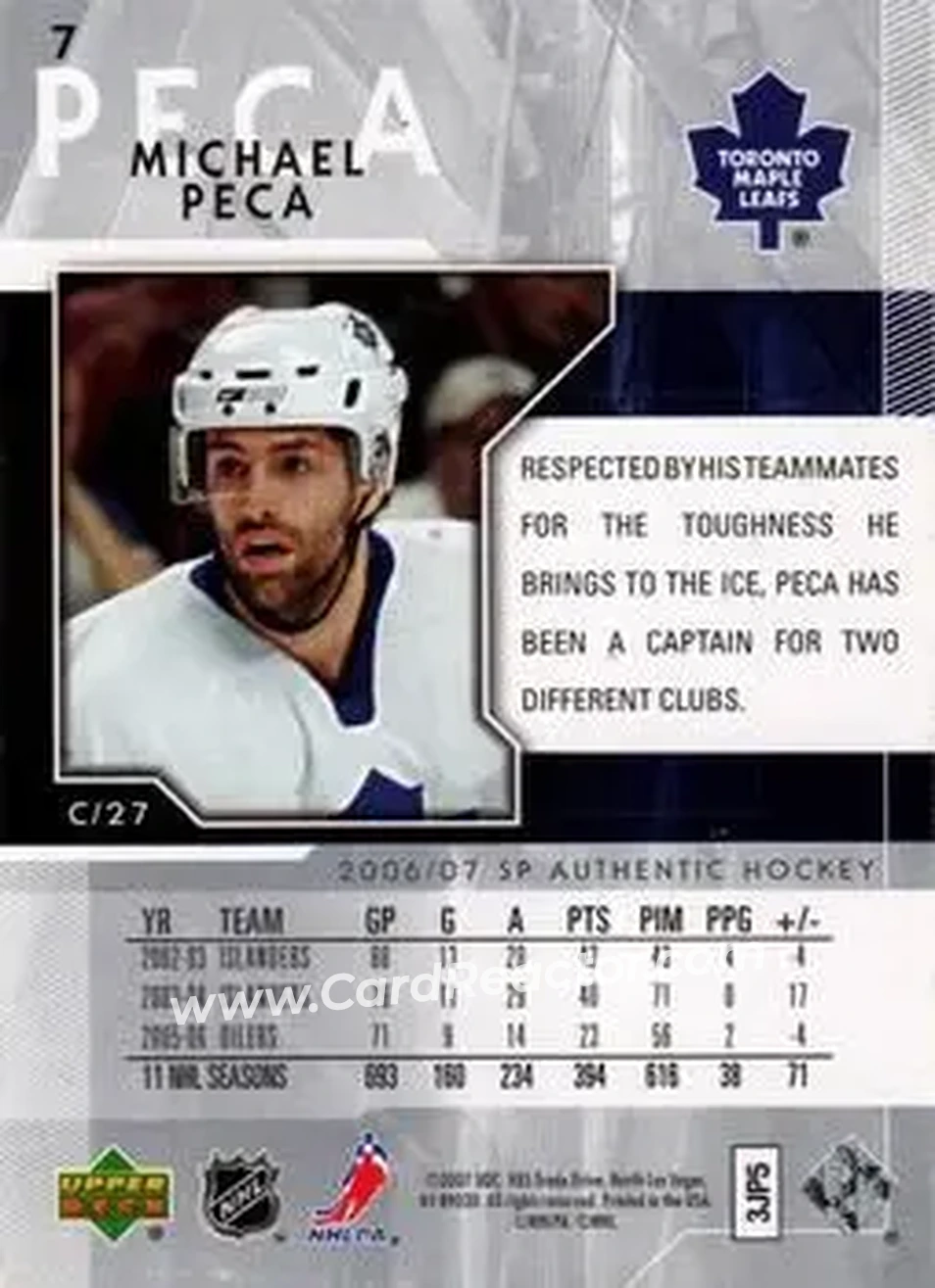 2006-07 SP Authentic #7 - Michael Peca - Toronto Maple Leafs - Back