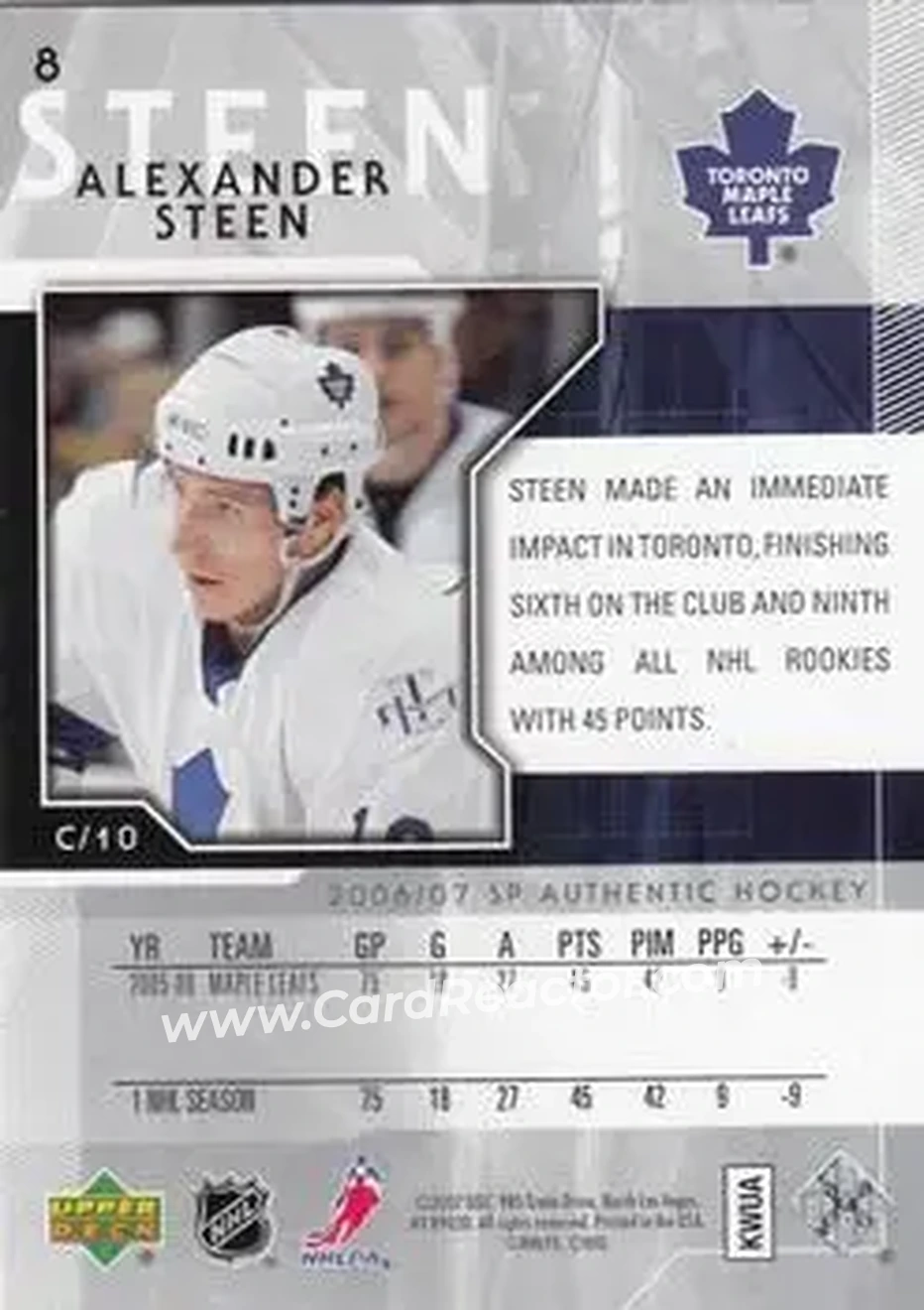 2006-07 SP Authentic #8 - Alexander Steen - Toronto Maple Leafs - Back