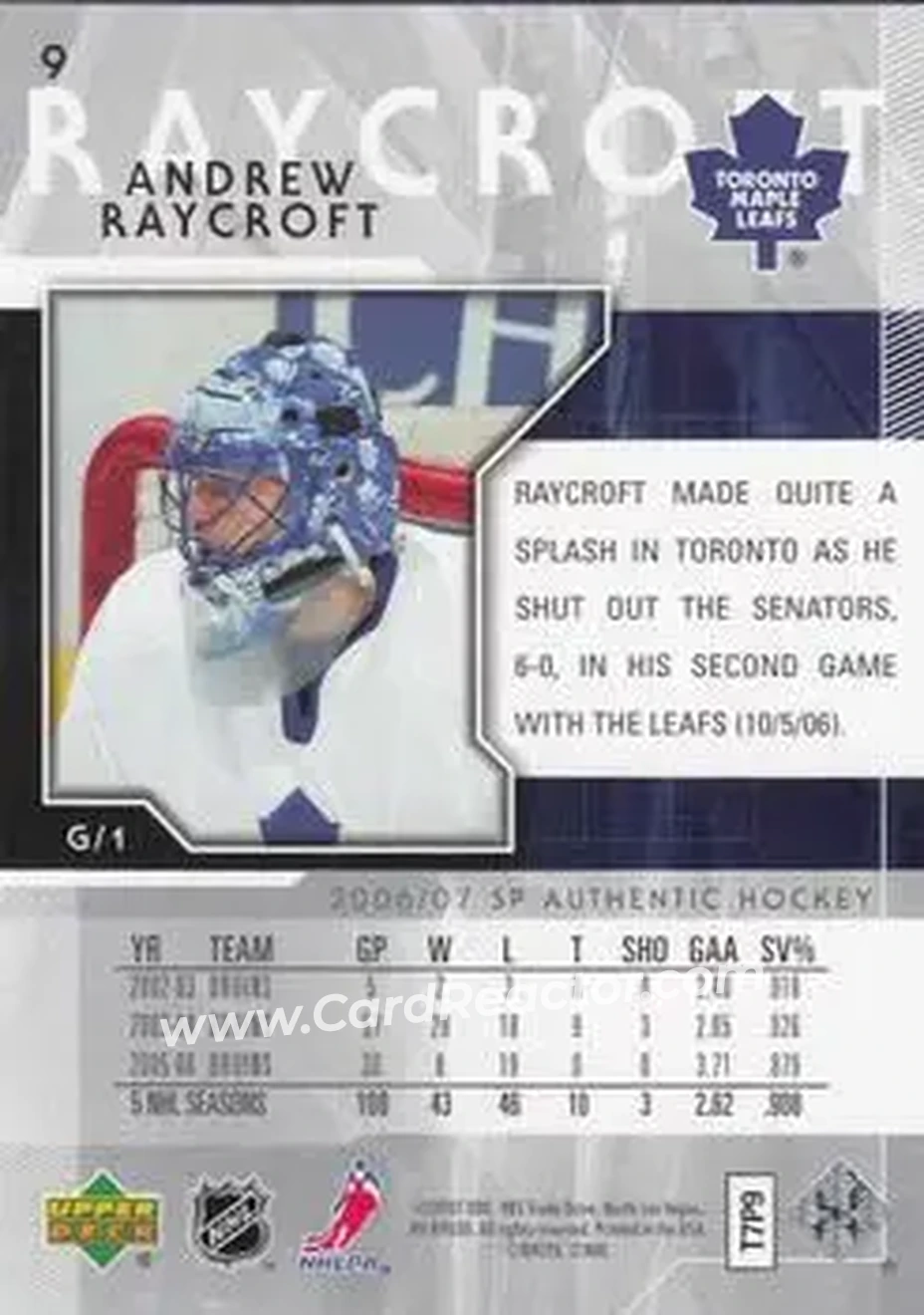 2006-07 SP Authentic #9 - Andrew Raycroft - Toronto Maple Leafs - Back