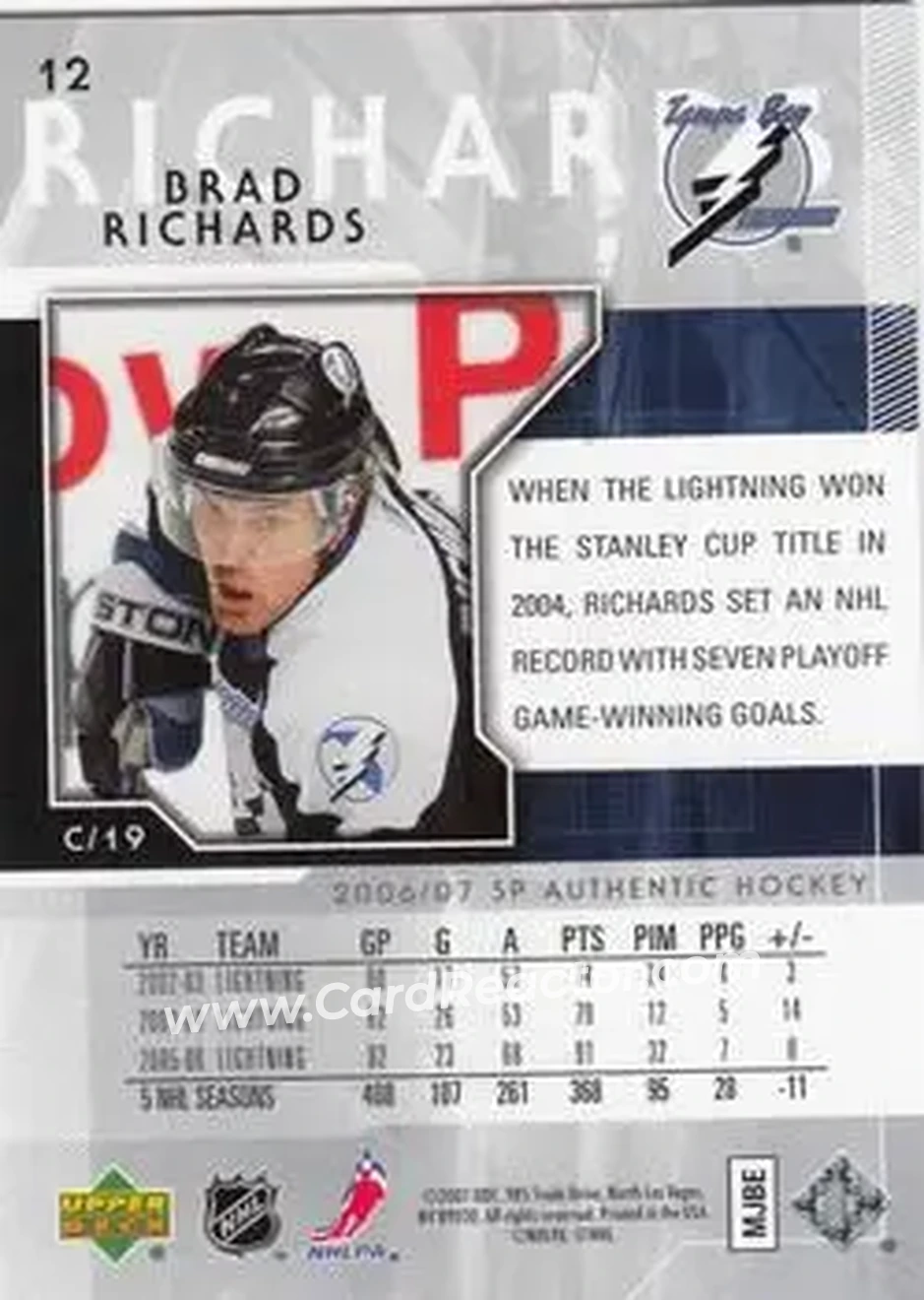 2006-07 SP Authentic #12 - Brad Richards - Tampa Bay Lightning - Back