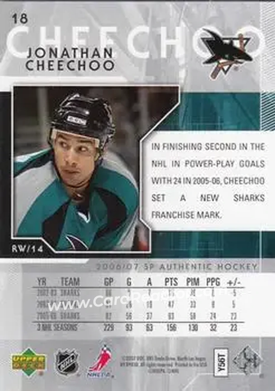 2006-07 SP Authentic #18 - Jonathan Cheechoo - San Jose Sharks - Back