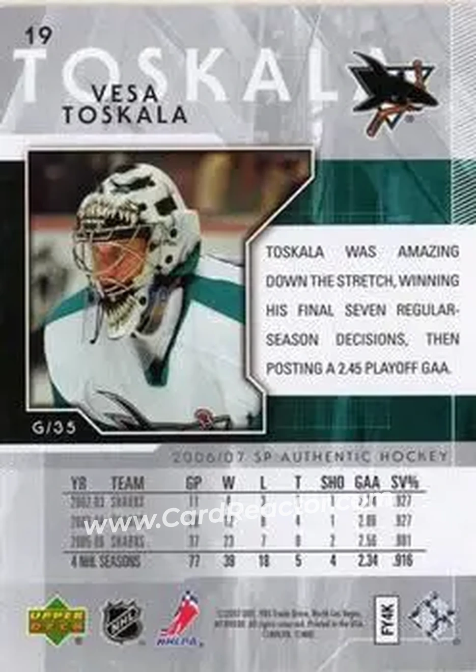 2006-07 SP Authentic #19 - Vesa Toskala - San Jose Sharks - Back