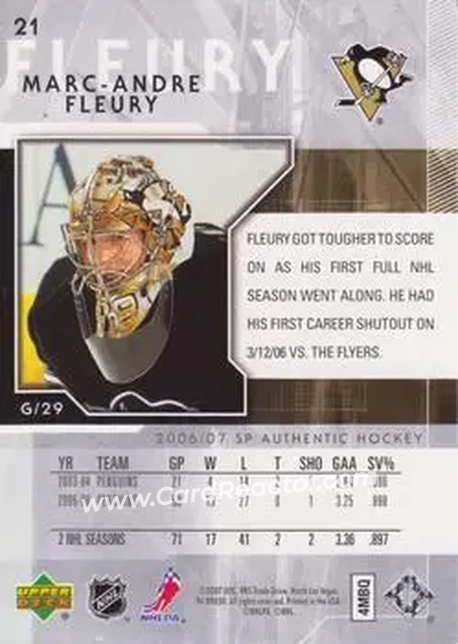 2006-07 SP Authentic #21 - Marc-Andre Fleury - Pittsburgh Penguins - Back 2006-07 SP Authentic #21 - Marc-Andre Fleury - Pittsburgh Penguins - Back
