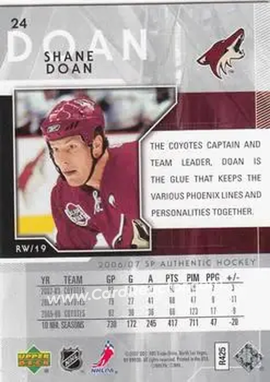 2006-07 SP Authentic #24 - Shane Doan - Phoenix Coyotes - Back