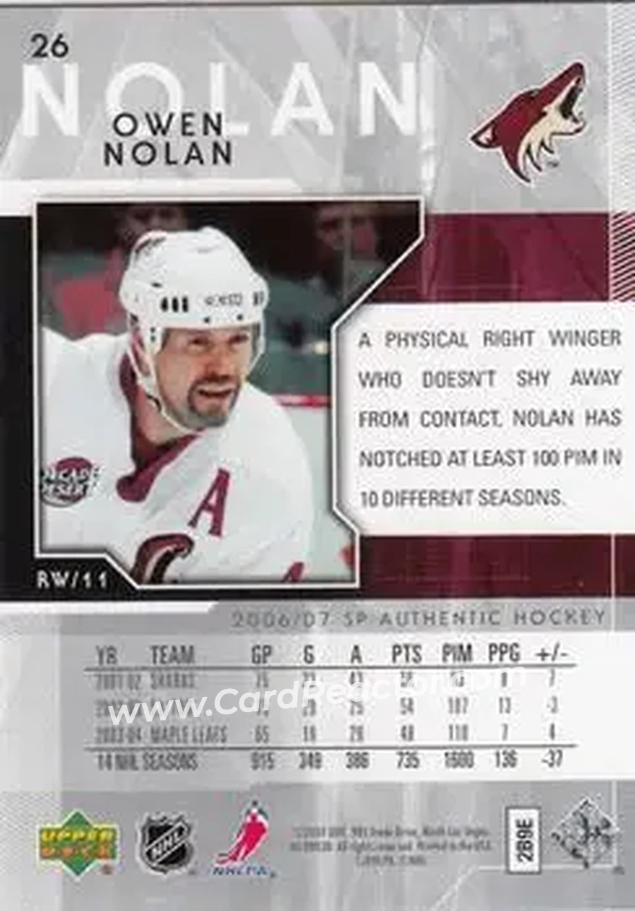 2006-07 SP Authentic #26 - Owen Nolan - Phoenix Coyotes - Back