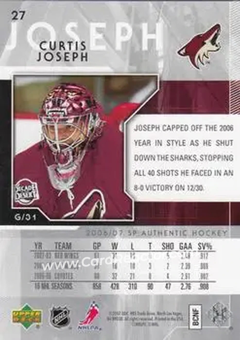 2006-07 SP Authentic #27 - Curtis Joseph - Phoenix Coyotes - Back