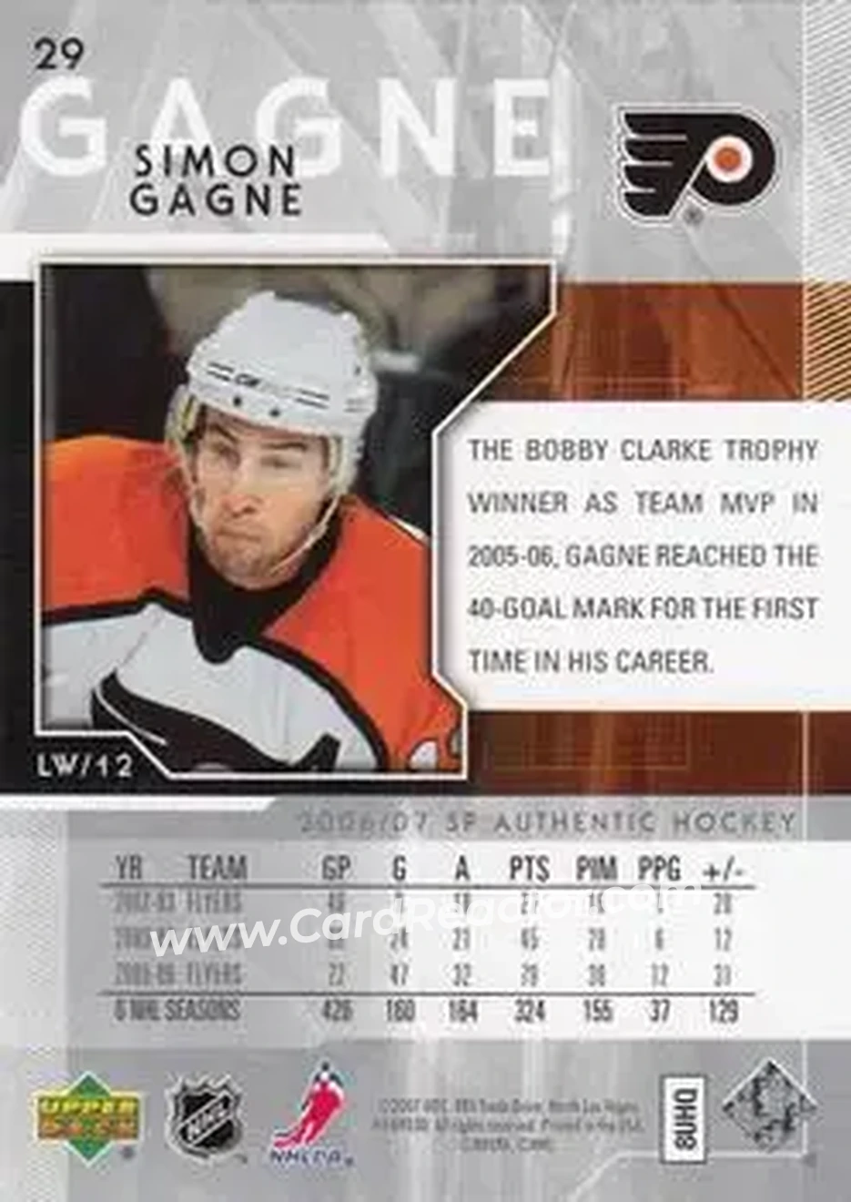 2006-07 SP Authentic #29 - Simon Gagne - Philadelphia Flyers - Back 2006-07 SP Authentic #29 - Simon Gagne - Philadelphia Flyers - Back