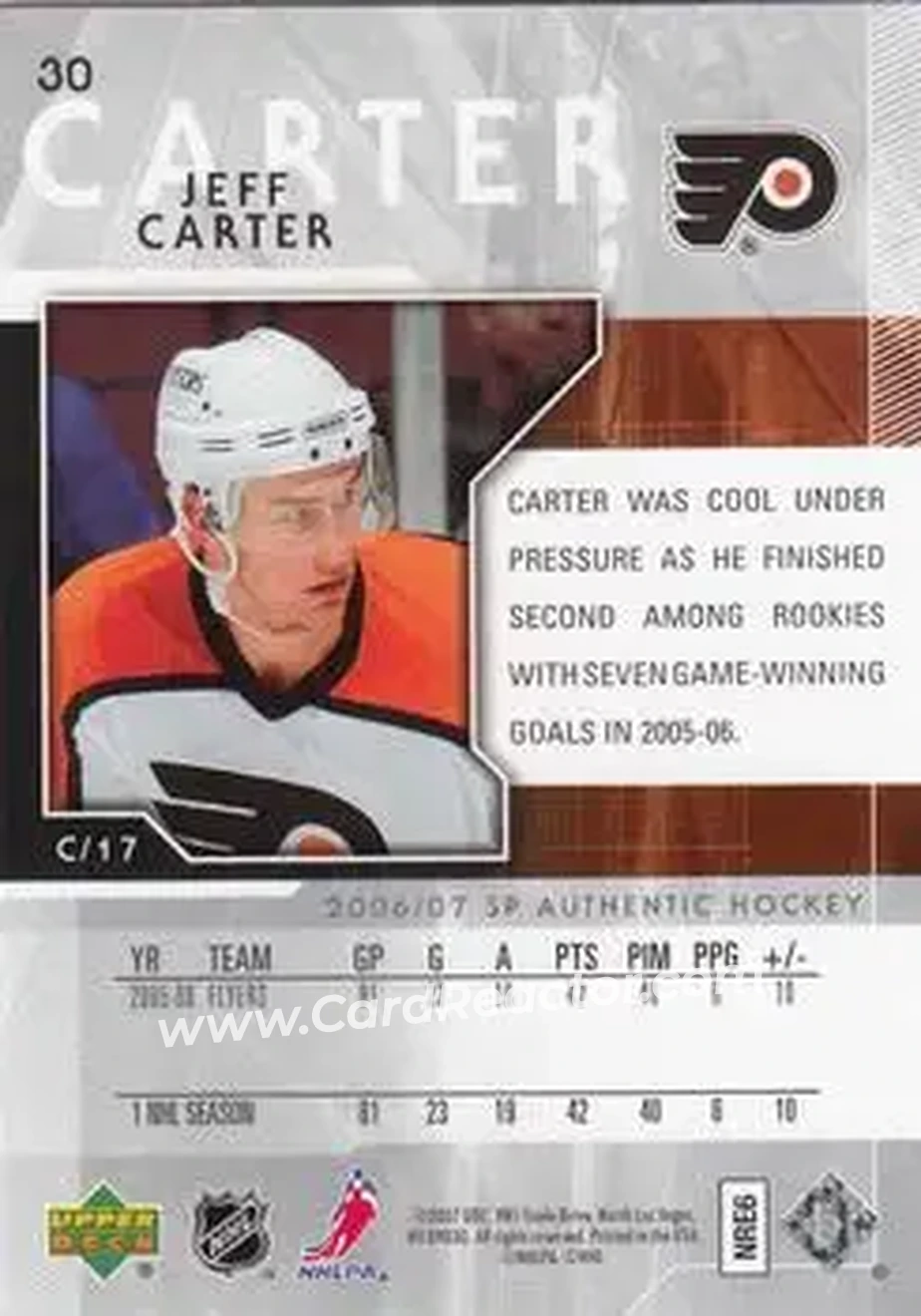 2006-07 SP Authentic #30 - Jeff Carter - Philadelphia Flyers - Back 2006-07 SP Authentic #30 - Jeff Carter - Philadelphia Flyers - Back