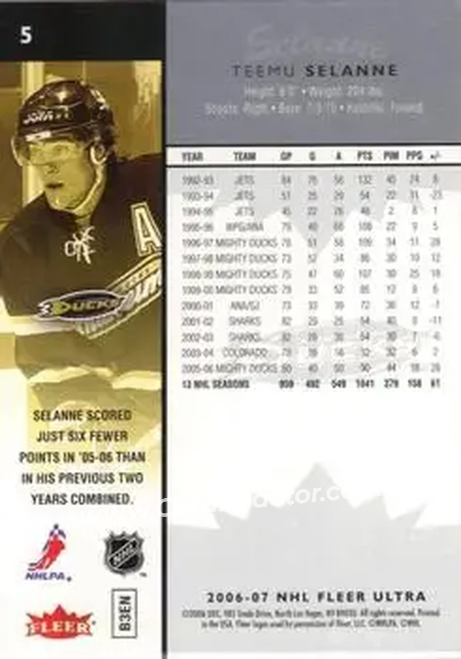 2006-07 Ultra #5 - Teemu Selanne - Anaheim Ducks - Back