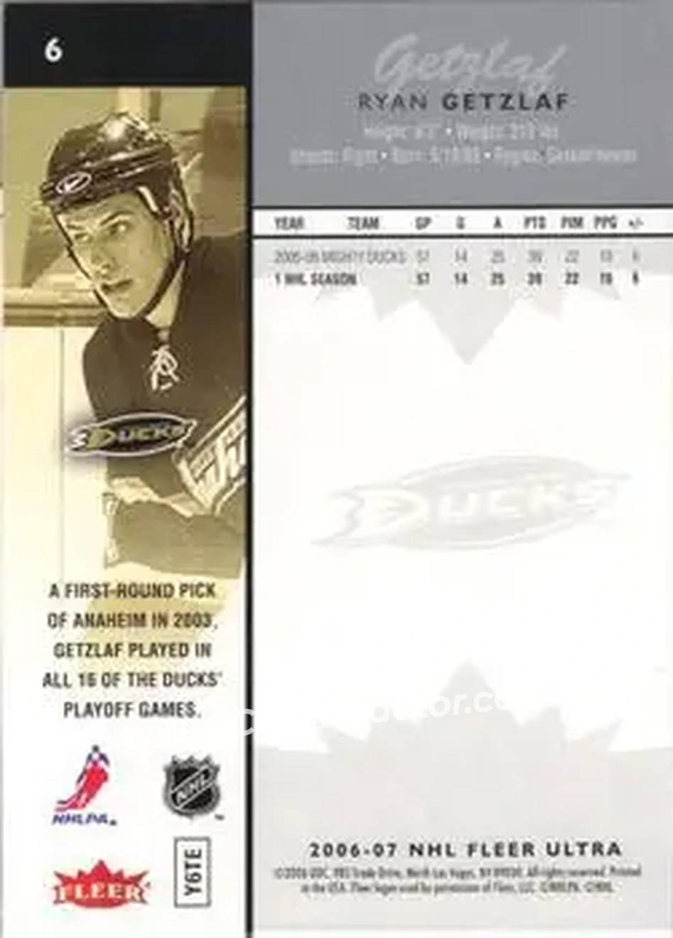 2006-07 Ultra #6 - Ryan Getzlaf - Anaheim Ducks - Back