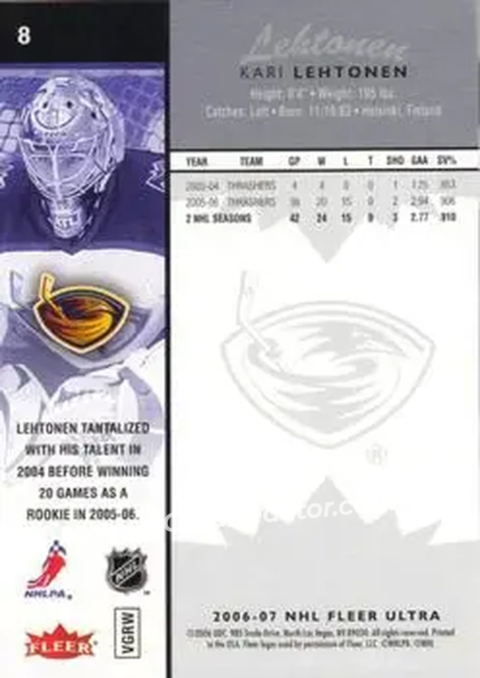 2006-07 Ultra #8 - Kari Lehtonen - Atlanta Thrashers - Back