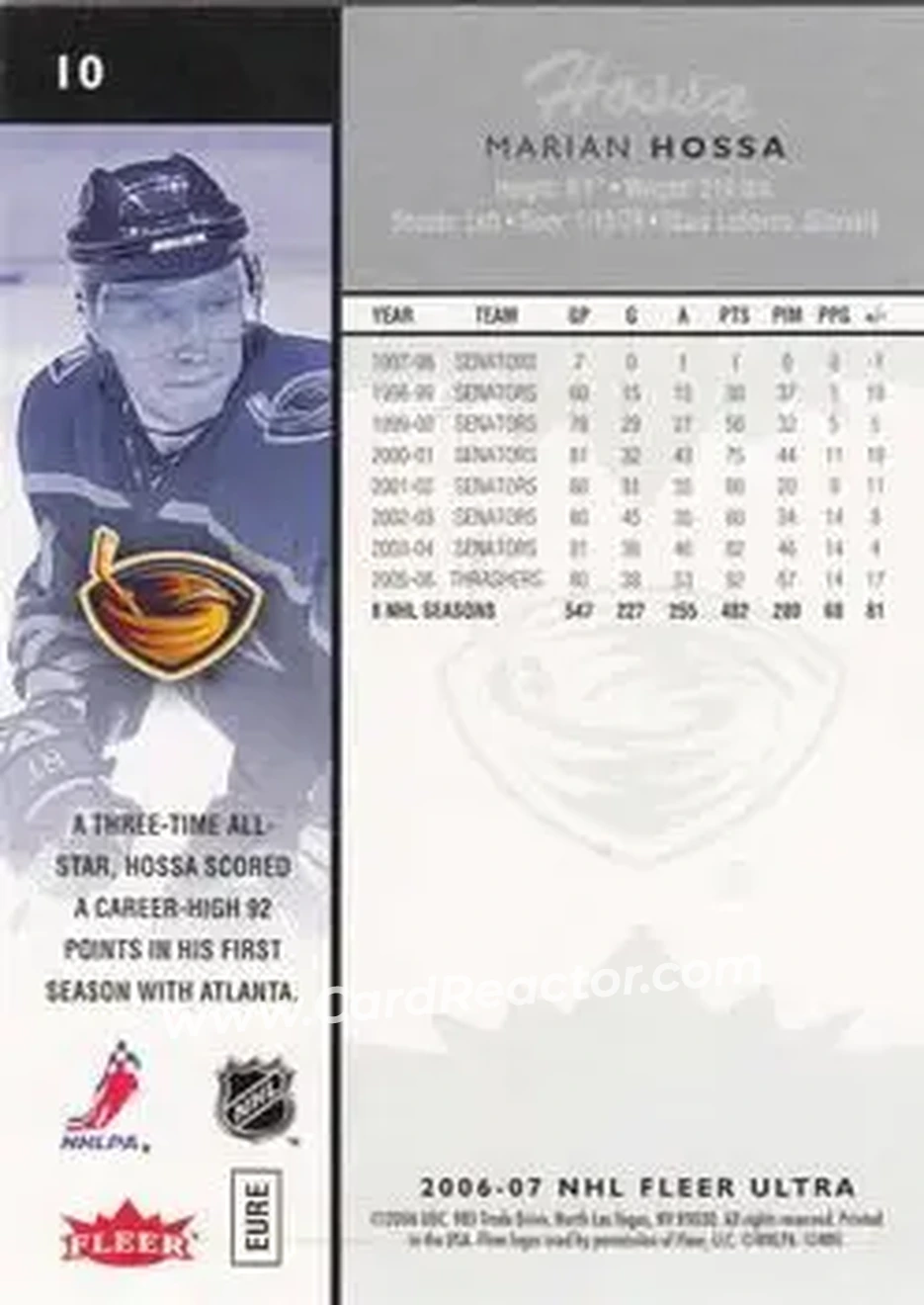2006-07 Ultra #10 - Marian Hossa - Atlanta Thrashers - Back
