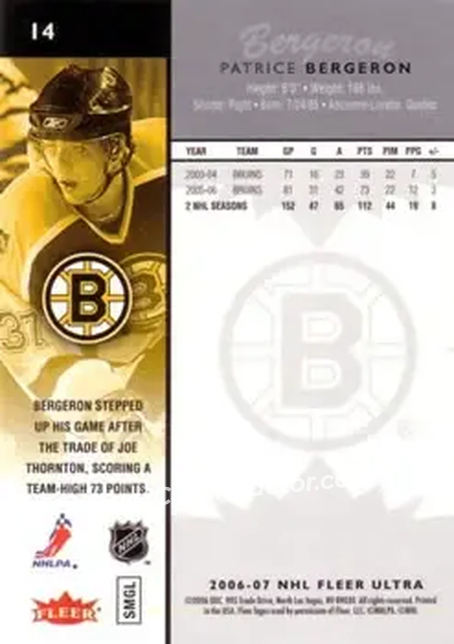 2006-07 Ultra #14 - Patrice Bergeron - Boston Bruins - Back