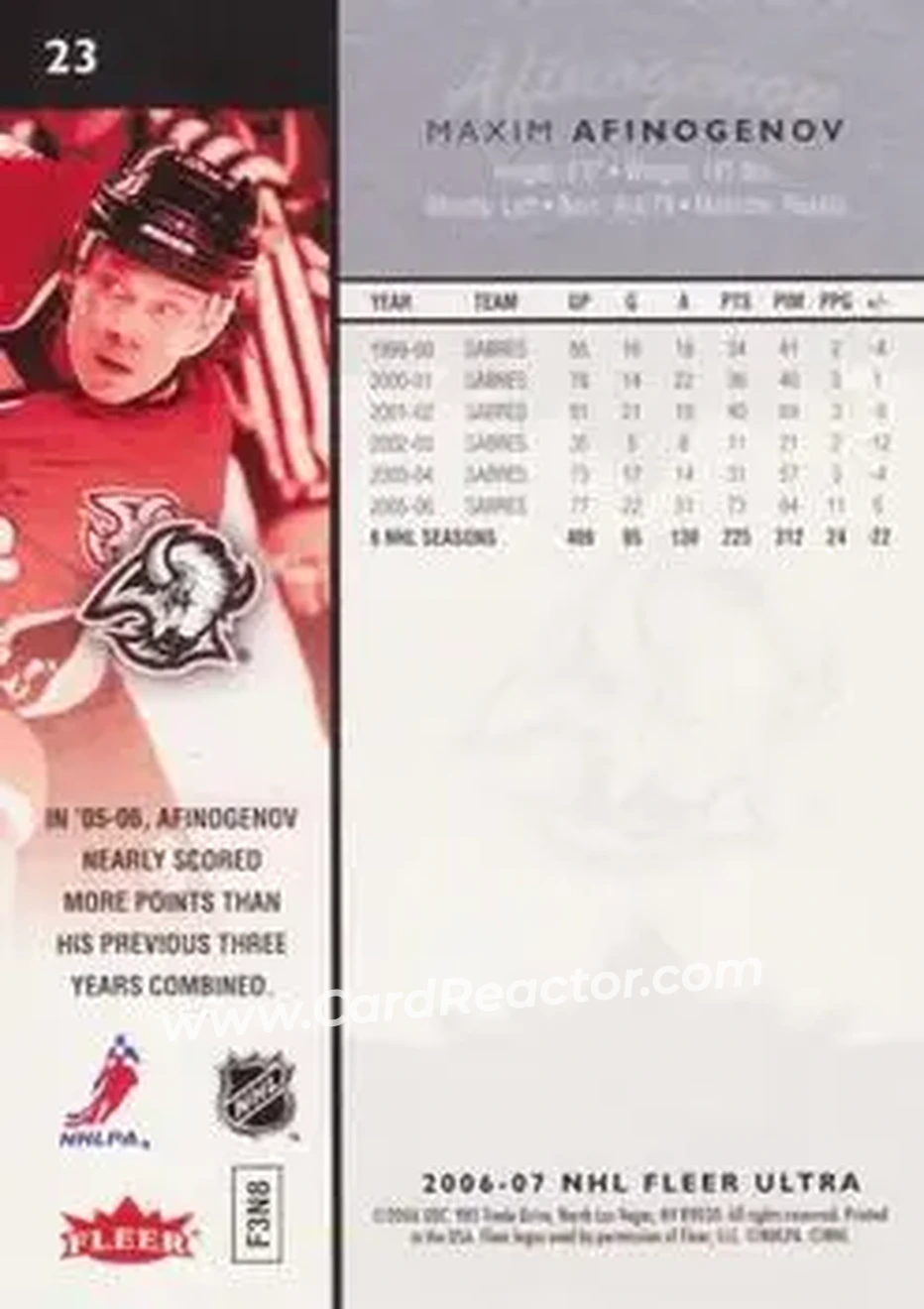 2006-07 Ultra #23 - Maxim Afinogenov - Buffalo Sabres - Back