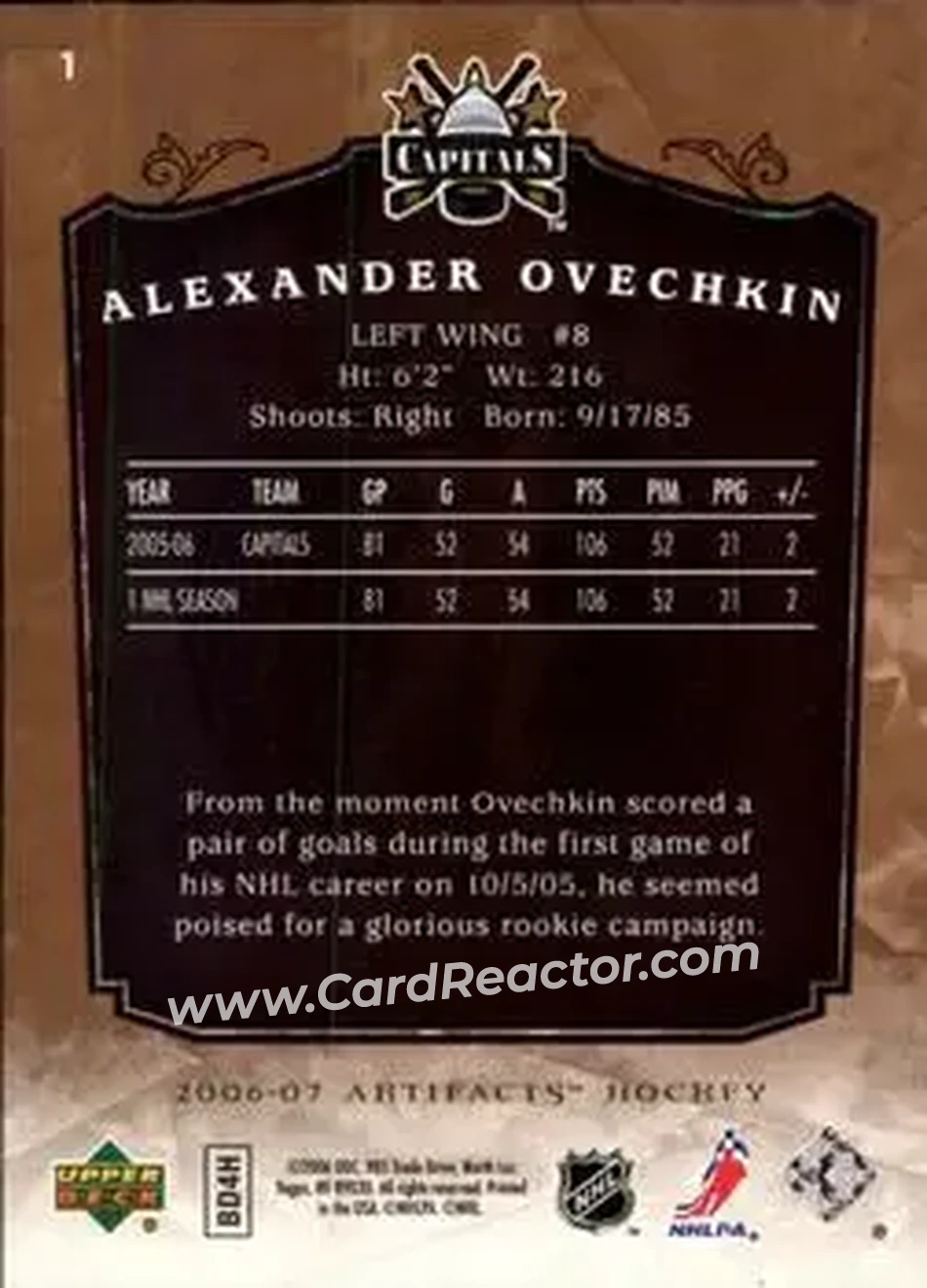 2006-07 Upper Deck Artifacts #1 - Alex Ovechkin - Washington Capitals - Back