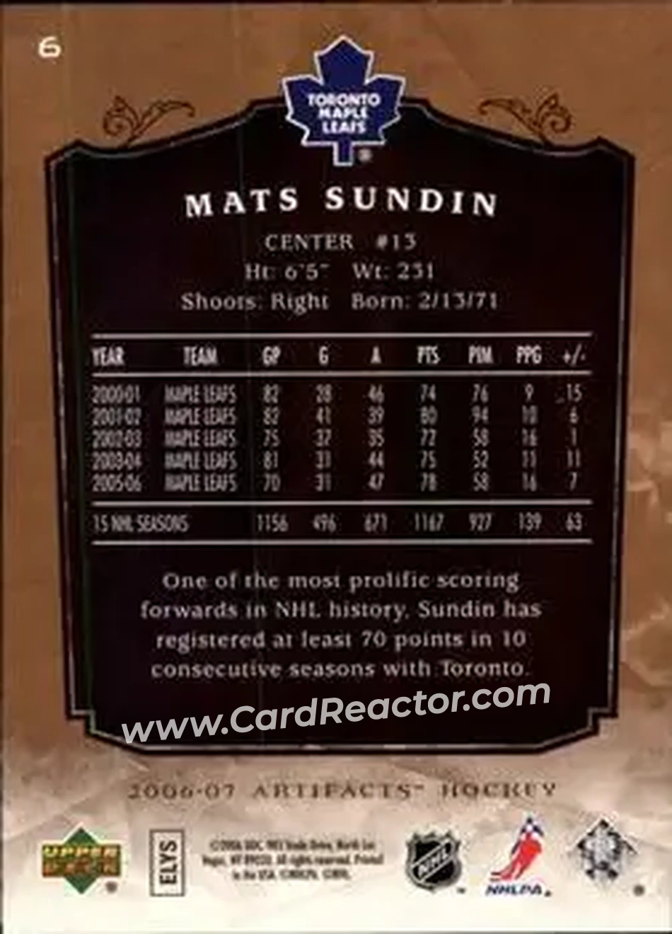 2006-07 Upper Deck Artifacts #6 - Mats Sundin - Toronto Maple Leafs - Back
