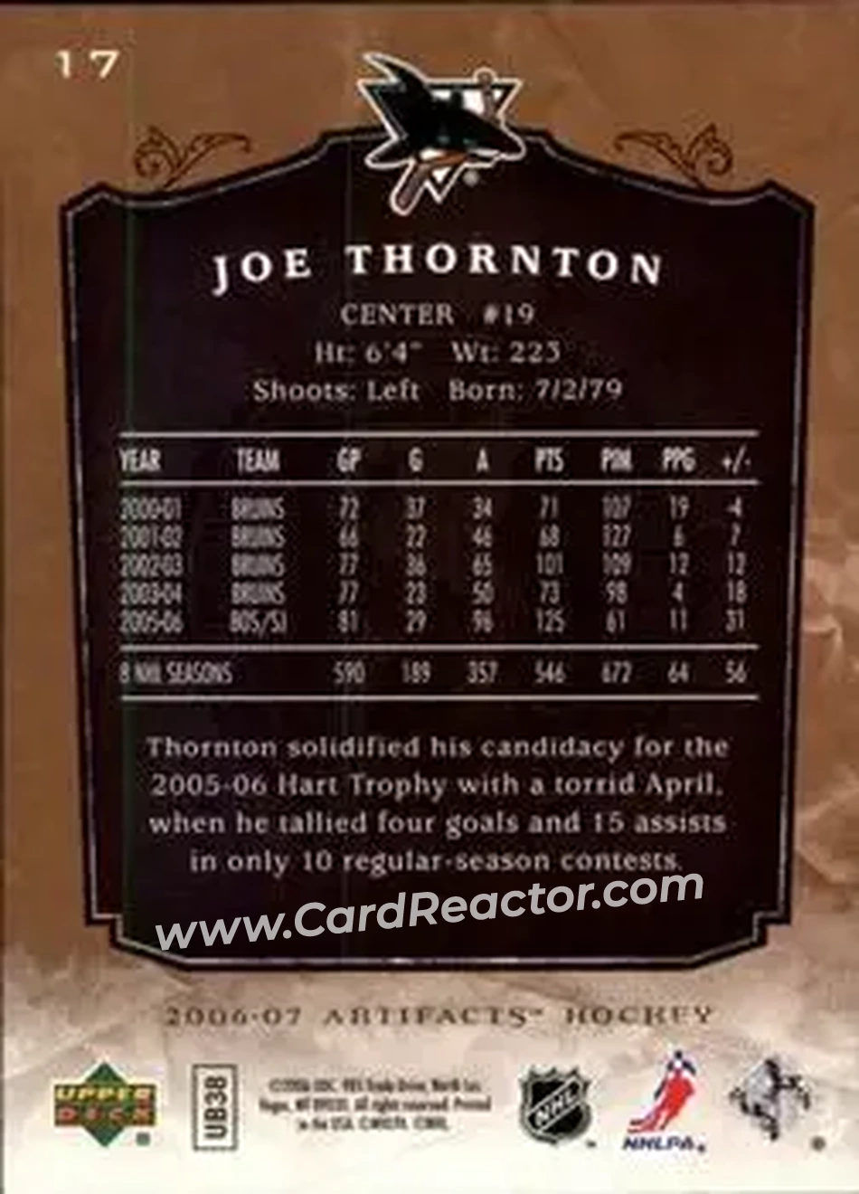 2006-07 Upper Deck Artifacts #17 - Joe Thornton - San Jose Sharks - Back
