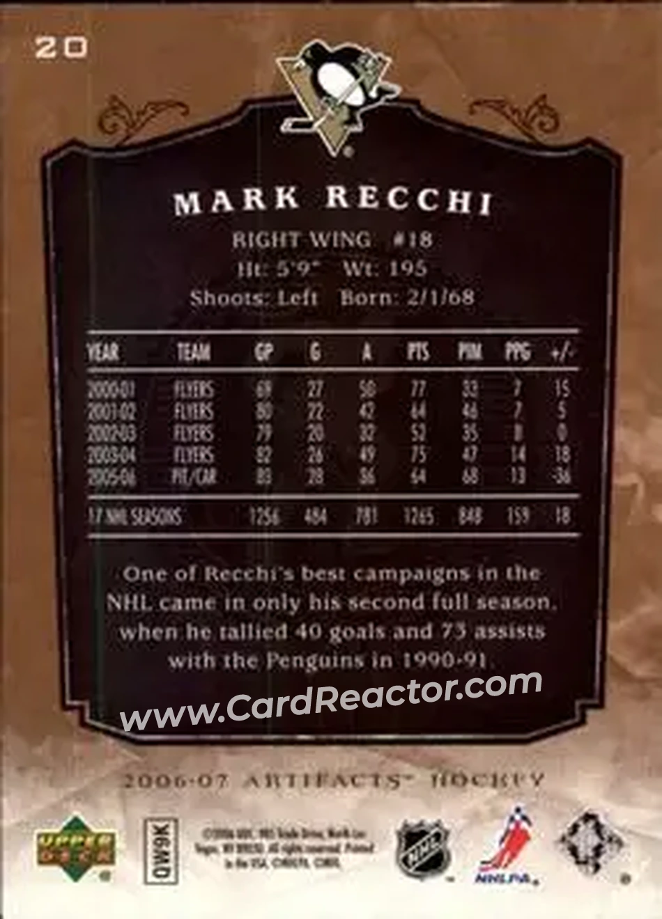 2006-07 Upper Deck Artifacts #20 - Mark Recchi - Pittsburgh Penguins - Back