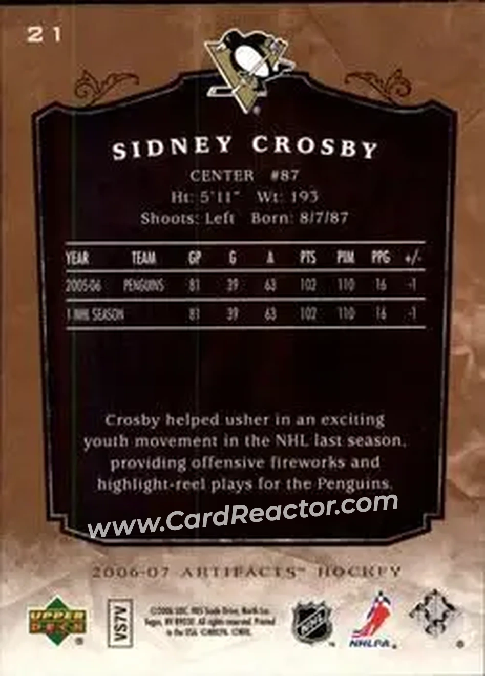 2006-07 Upper Deck Artifacts #21 - Sidney Crosby - Pittsburgh Penguins - Back