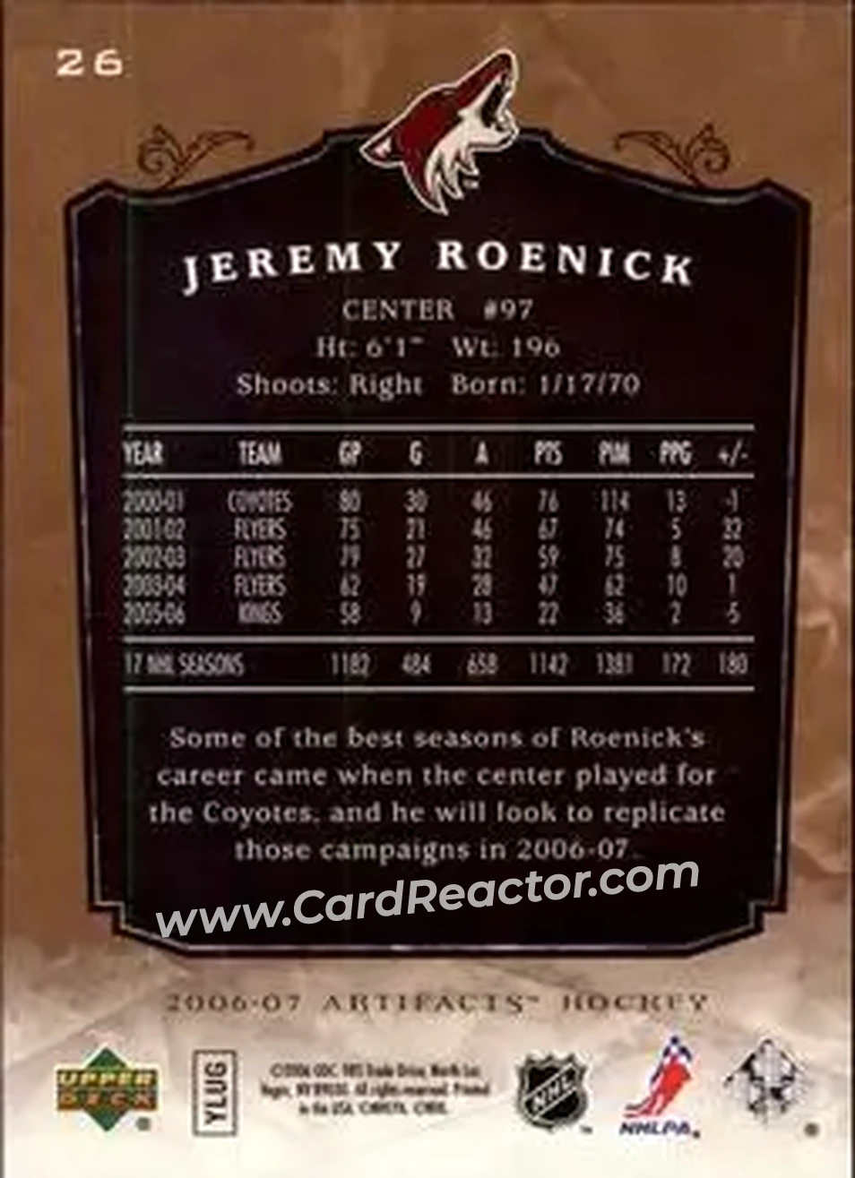 2006-07 Upper Deck Artifacts #26 - Jeremy Roenick - Phoenix Coyotes - Back