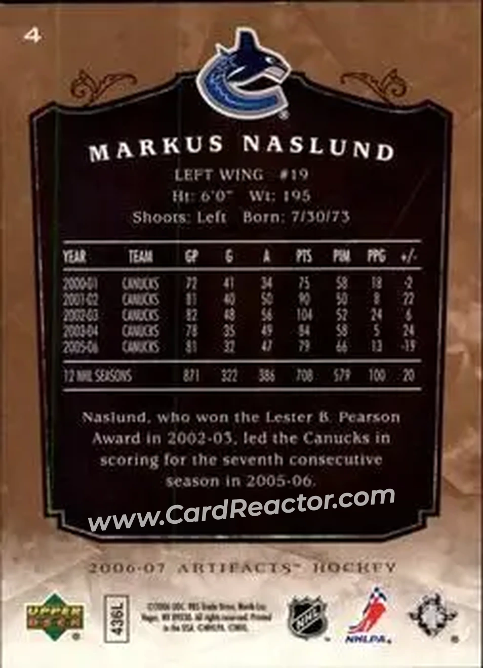 2006-07 Upper Deck Artifacts #4 - Markus Naslund - Vancouver Canucks - Back