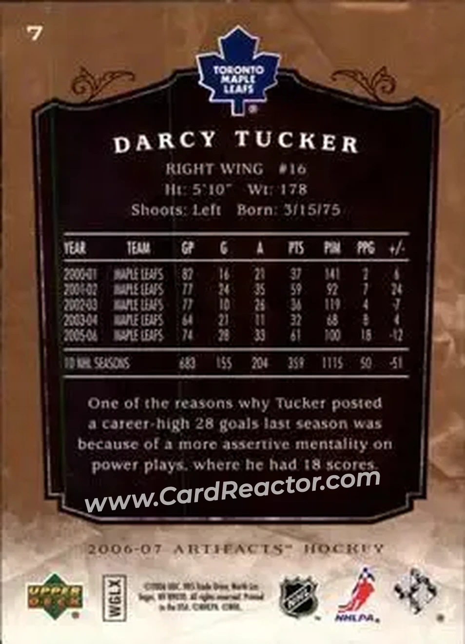 2006-07 Upper Deck Artifacts #7 - Darcy Tucker - Toronto Maple Leafs - Back