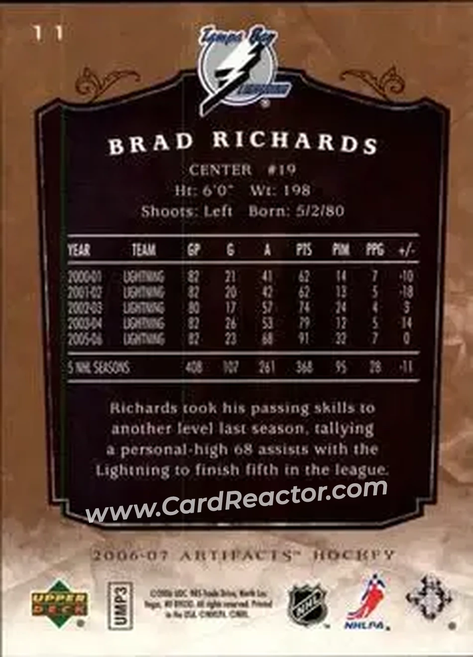 2006-07 Upper Deck Artifacts #11 - Brad Richards - Tampa Bay Lightning - Back