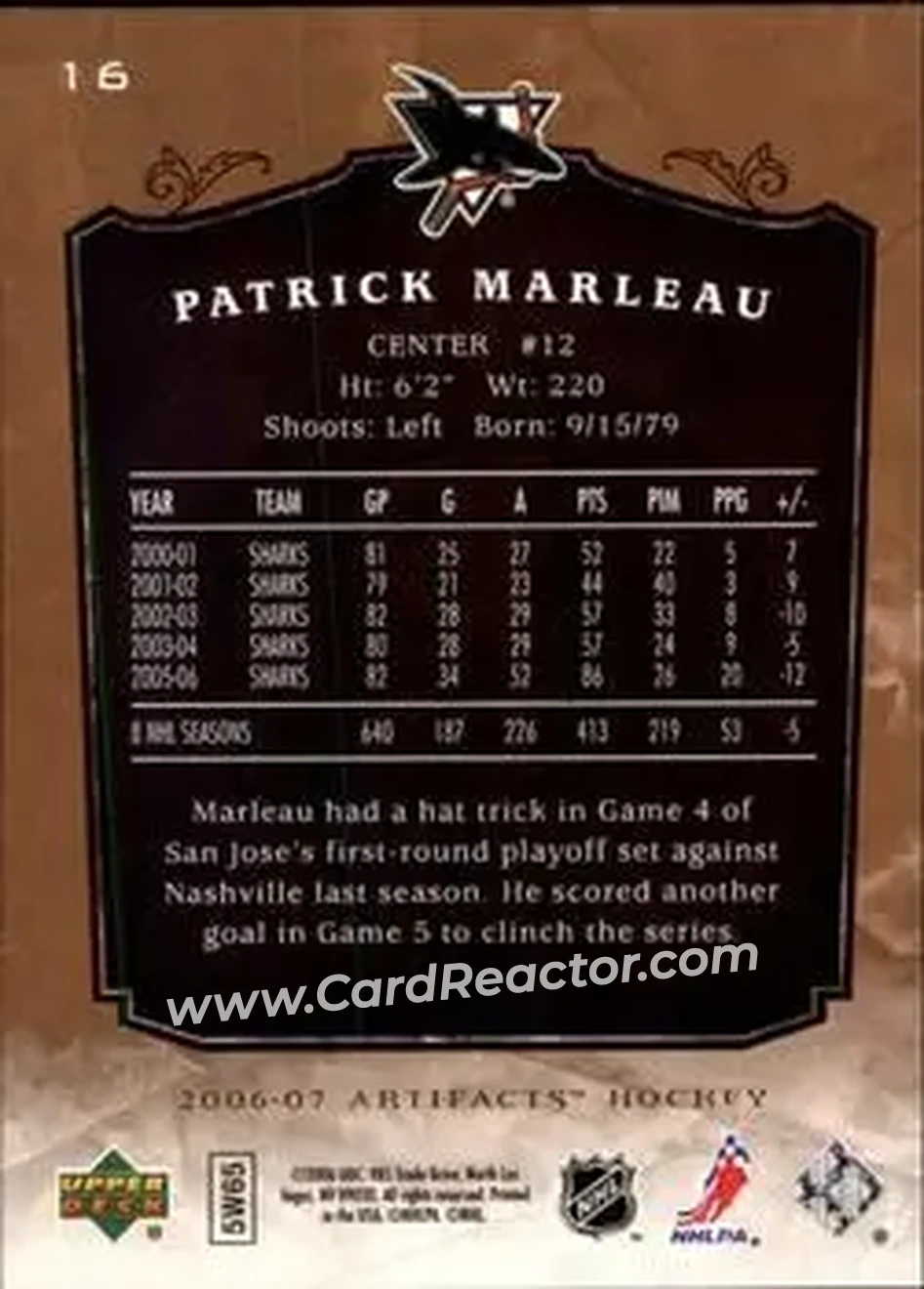 2006-07 Upper Deck Artifacts #16 - Patrick Marleau - San Jose Sharks - Back