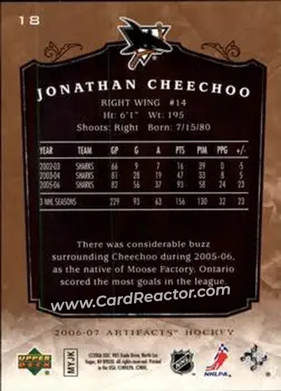 2006-07 Upper Deck Artifacts #18 - Jonathan Cheechoo - San Jose Sharks - Back 2006-07 Upper Deck Artifacts #18 - Jonathan Cheechoo - San Jose Sharks - Back