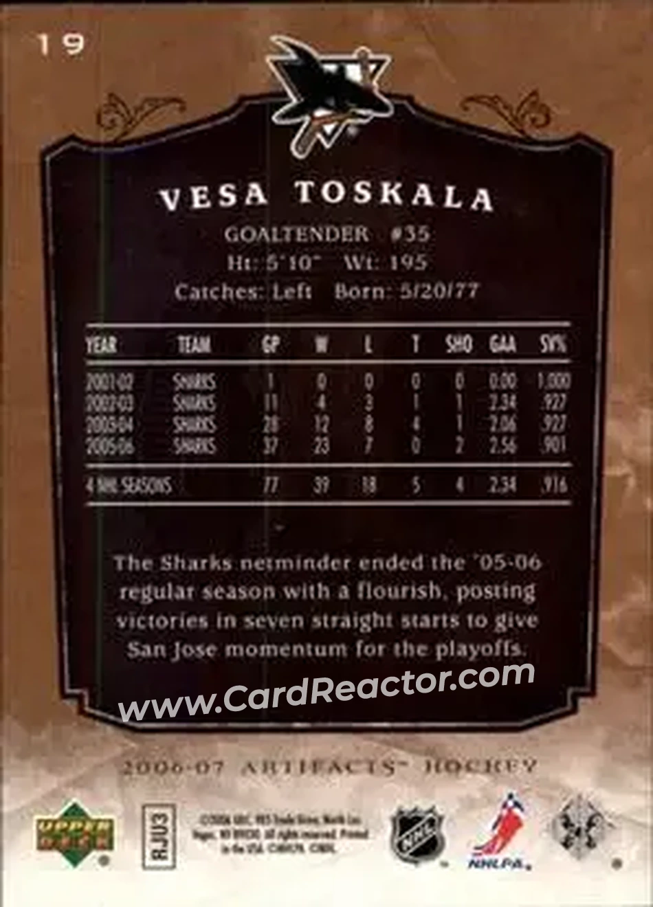 2006-07 Upper Deck Artifacts #19 - Vesa Toskala - San Jose Sharks - Back