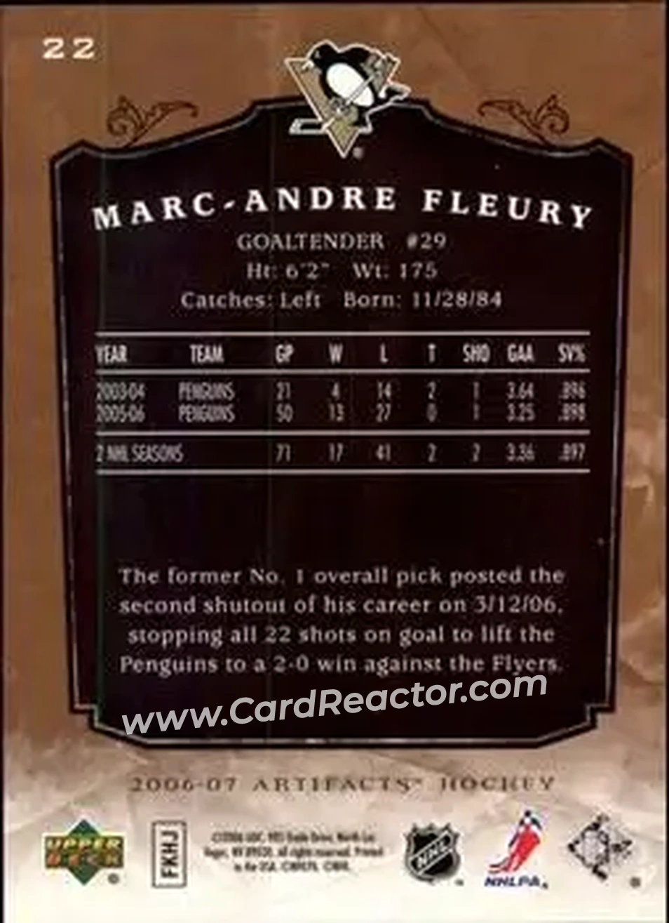 2006-07 Upper Deck Artifacts #22 - Marc-Andre Fleury - Pittsburgh Penguins - Back