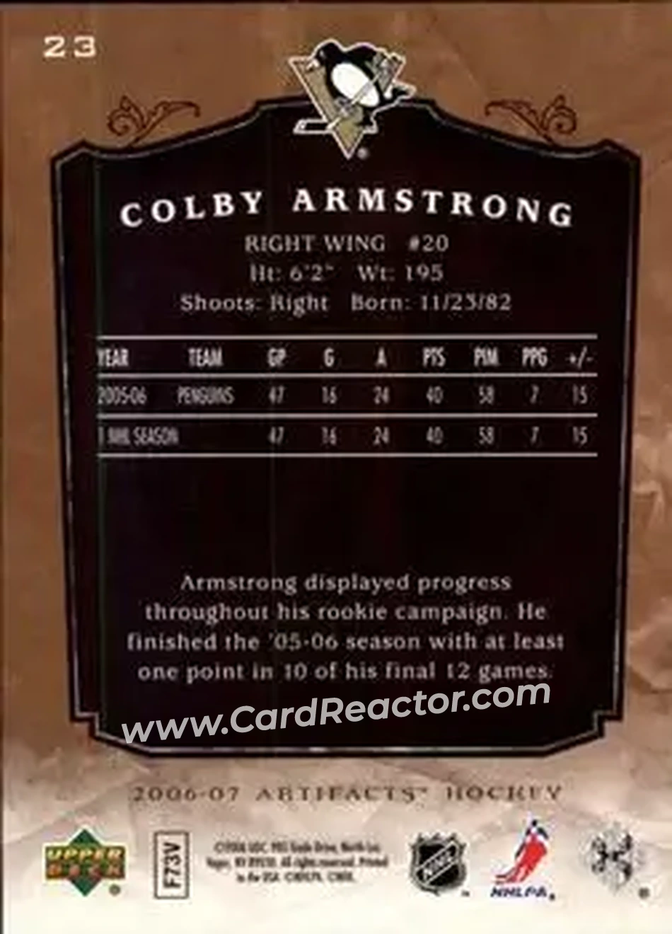 2006-07 Upper Deck Artifacts #23 - Colby Armstrong - Pittsburgh Penguins - Back