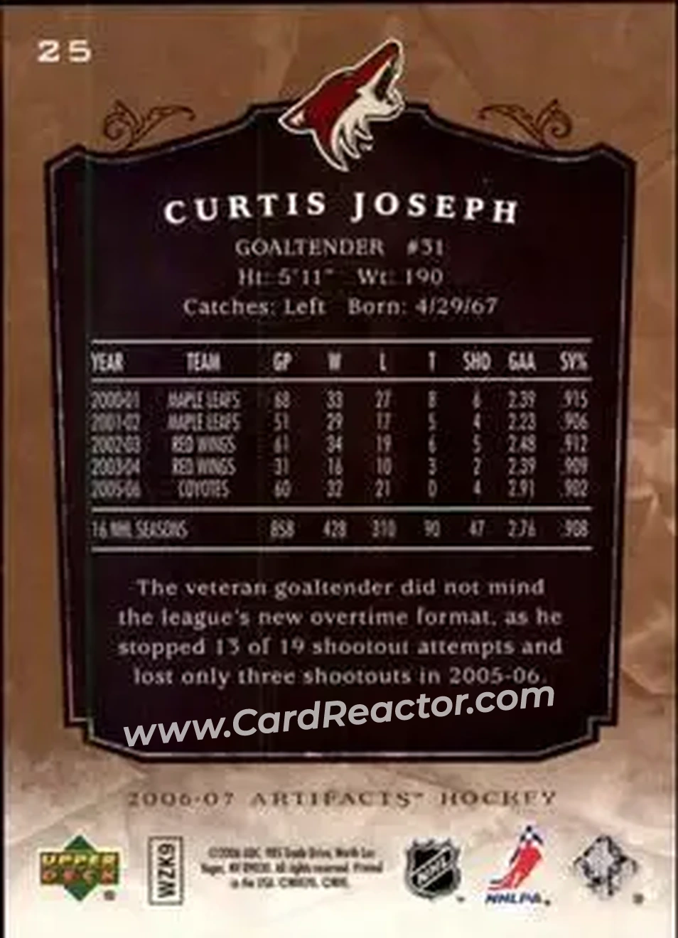 2006-07 Upper Deck Artifacts #25 - Curtis Joseph - Phoenix Coyotes - Back 2006-07 Upper Deck Artifacts #25 - Curtis Joseph - Phoenix Coyotes - Back