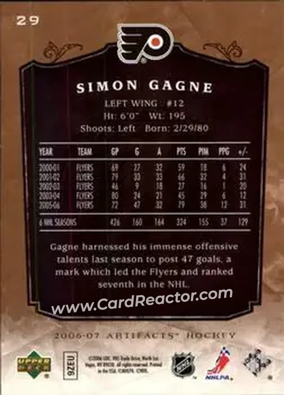 2006-07 Upper Deck Artifacts #29 - Simon Gagne - Philadelphia Flyers - Back