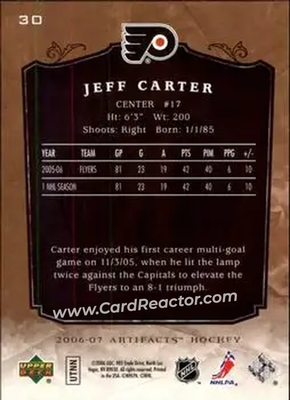 2006-07 Upper Deck Artifacts #30 - Jeff Carter - Philadelphia Flyers - Back 2006-07 Upper Deck Artifacts #30 - Jeff Carter - Philadelphia Flyers - Back