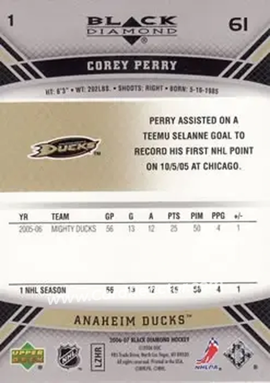 2006-07 Upper Deck Black Diamond #1 - Corey Perry - Anaheim Ducks - Back