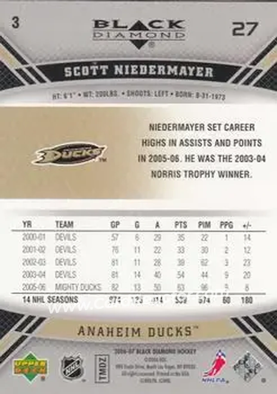 2006-07 Upper Deck Black Diamond #3 - Scott Niedermayer - Anaheim Ducks - Back 2006-07 Upper Deck Black Diamond #3 - Scott Niedermayer - Anaheim Ducks - Back