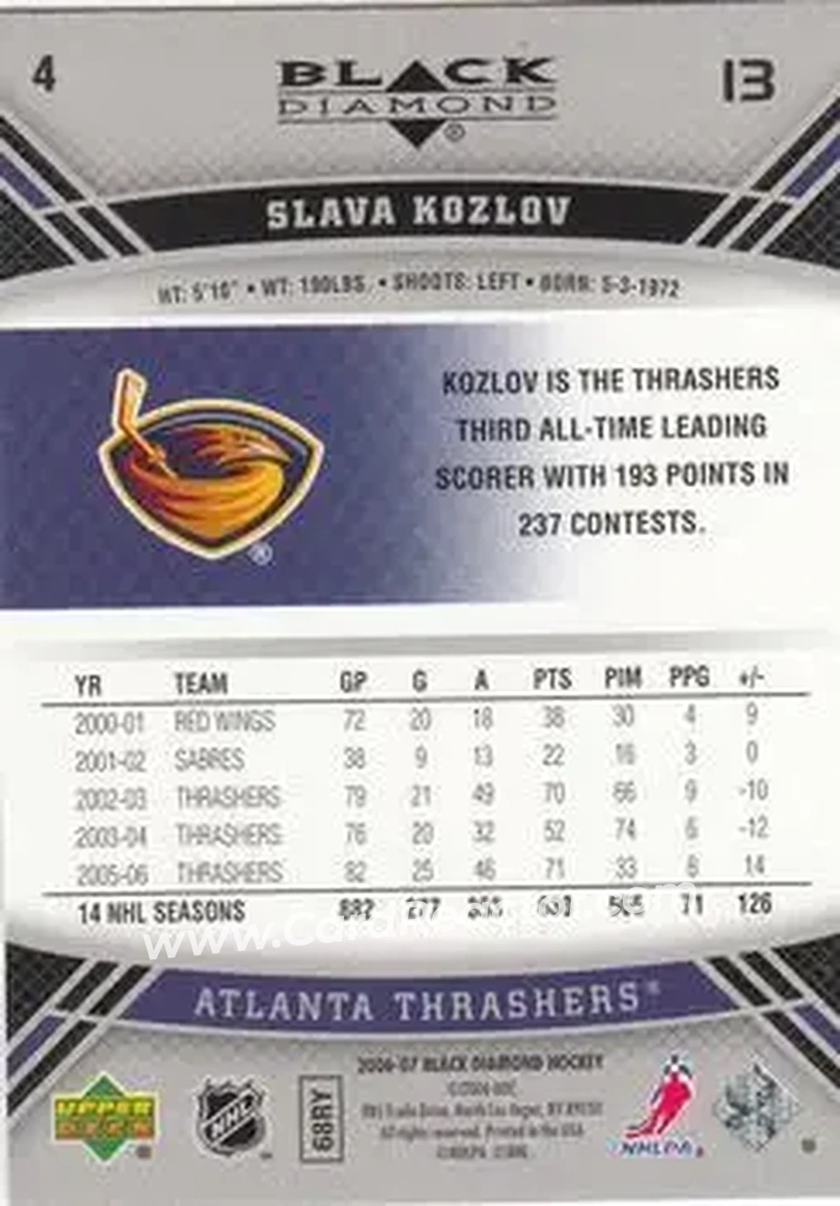 2006-07 Upper Deck Black Diamond #4 - Slava Kozlov - Atlanta Thrashers - Back 2006-07 Upper Deck Black Diamond #4 - Slava Kozlov - Atlanta Thrashers - Back