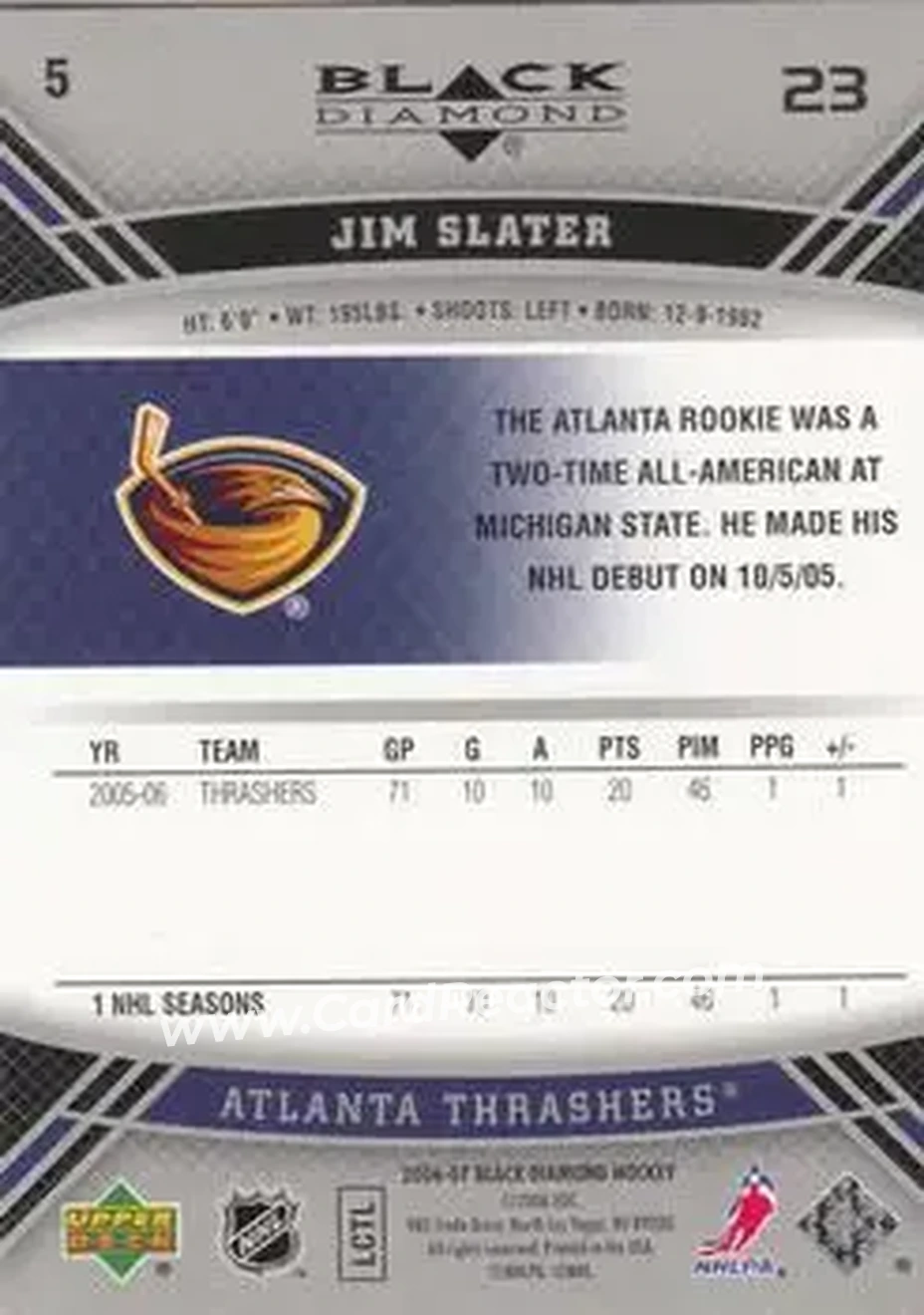 2006-07 Upper Deck Black Diamond #5 - Jim Slater - Atlanta Thrashers - Back