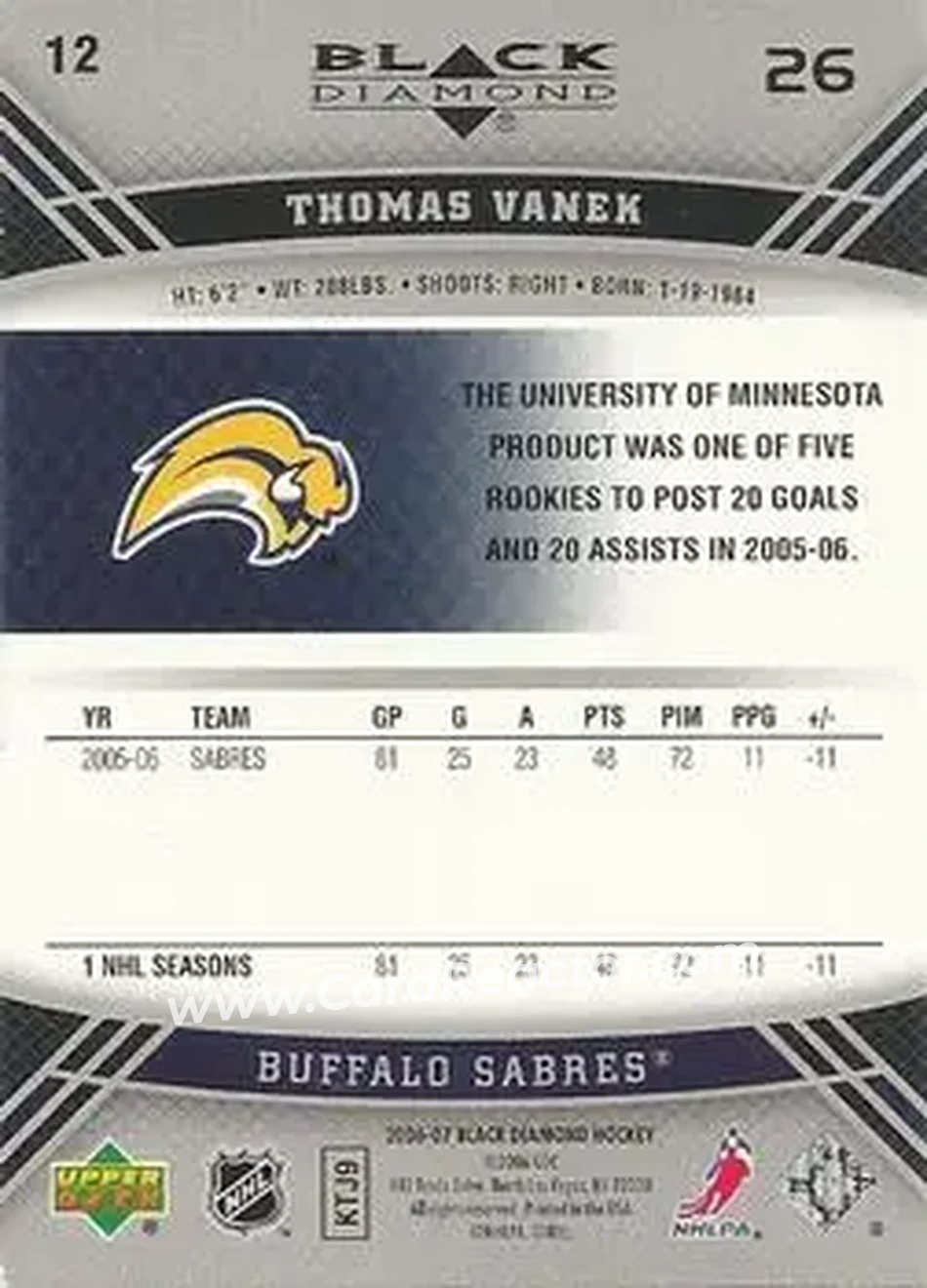 2006-07 Upper Deck Black Diamond #12 - Thomas Vanek - Buffalo Sabres - Back