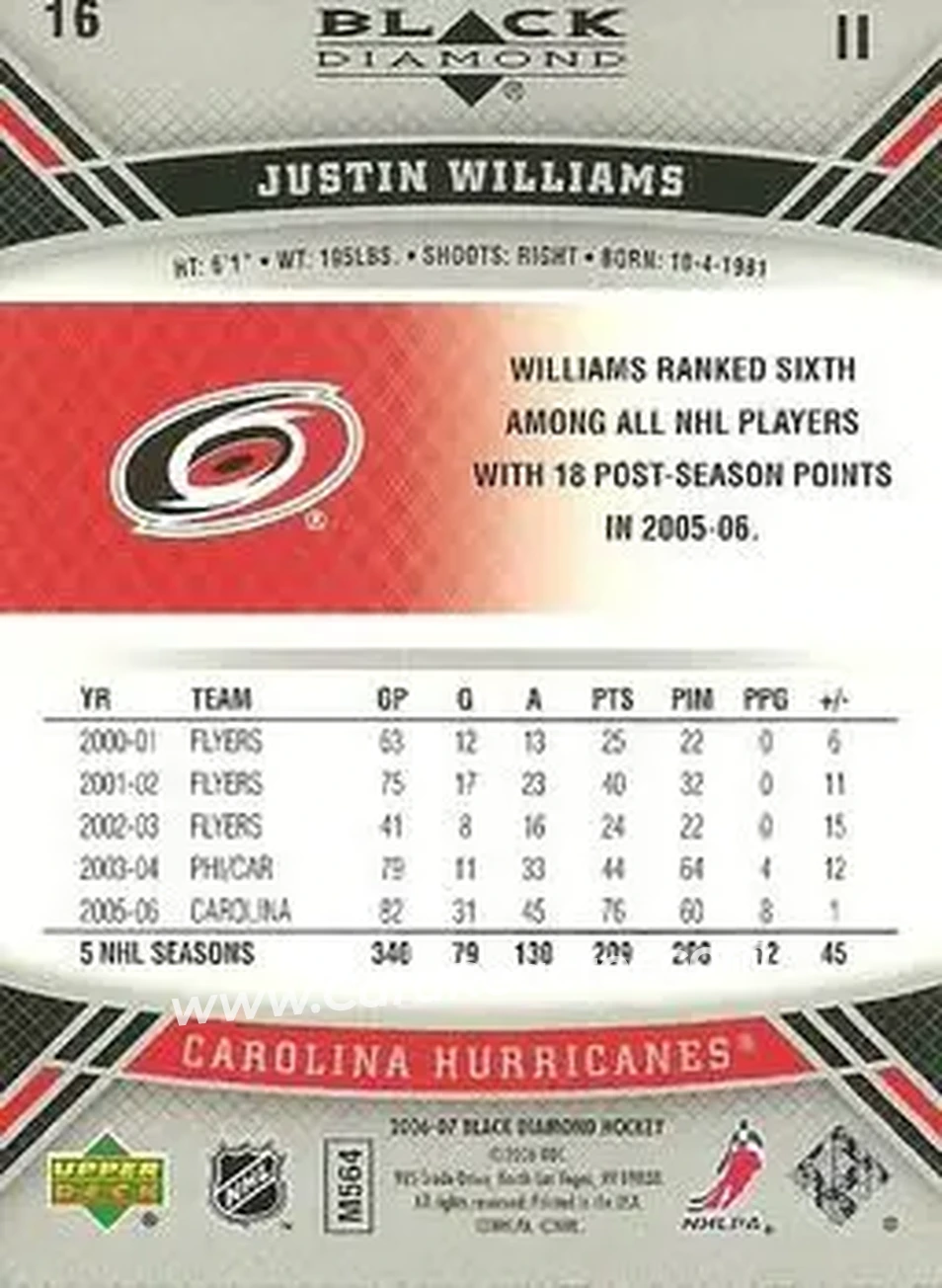 2006-07 Upper Deck Black Diamond #16 - Justin Williams - Carolina Hurricanes - Back 2006-07 Upper Deck Black Diamond #16 - Justin Williams - Carolina Hurricanes - Back