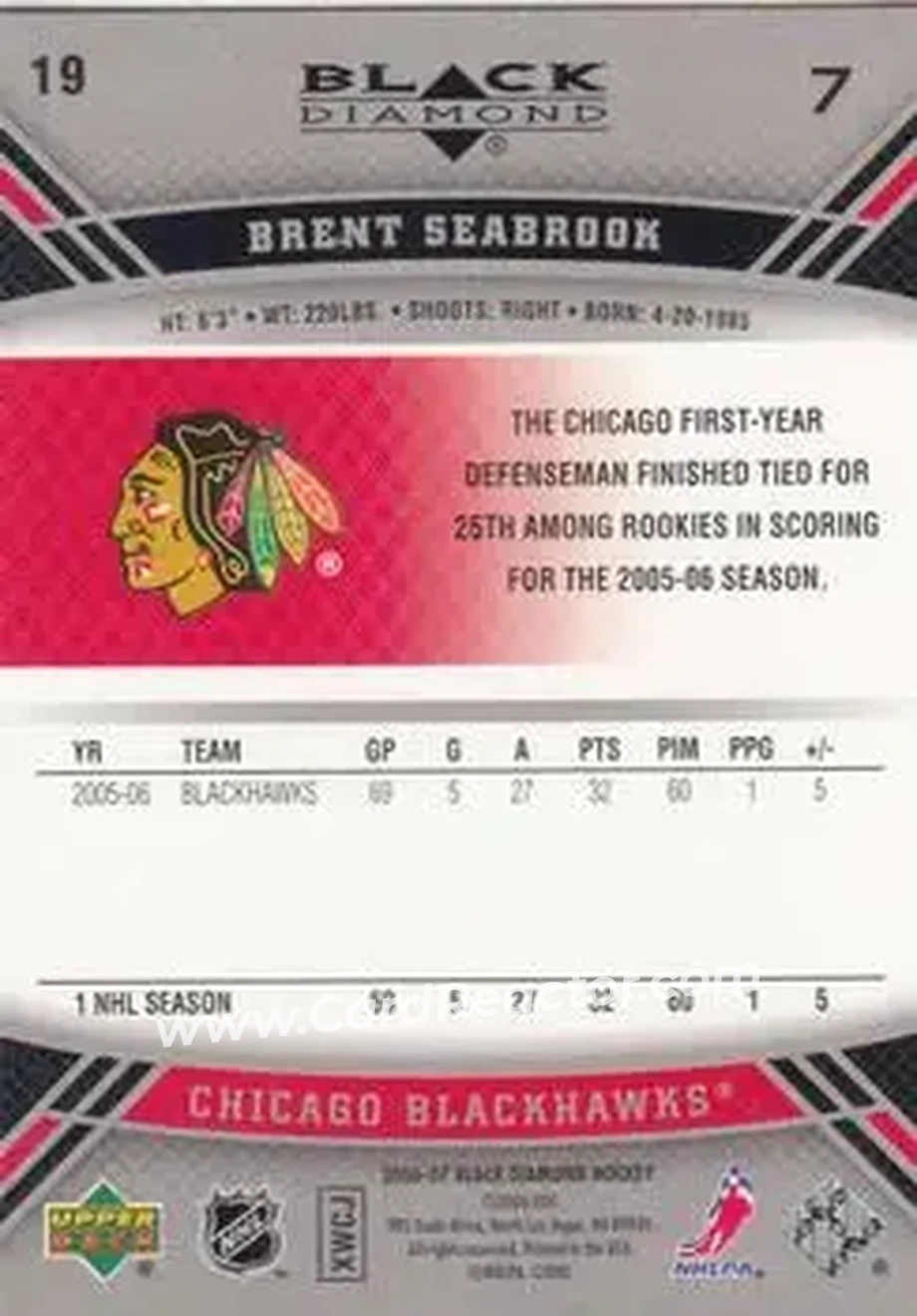 2006-07 Upper Deck Black Diamond #19 - Brent Seabrook - Chicago Blackhawks - Back 2006-07 Upper Deck Black Diamond #19 - Brent Seabrook - Chicago Blackhawks - Back