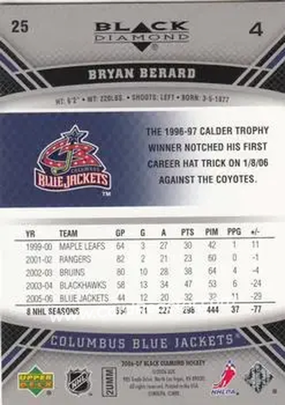 2006-07 Upper Deck Black Diamond #25 - Bryan Berard - Columbus Blue Jackets - Back 2006-07 Upper Deck Black Diamond #25 - Bryan Berard - Columbus Blue Jackets - Back