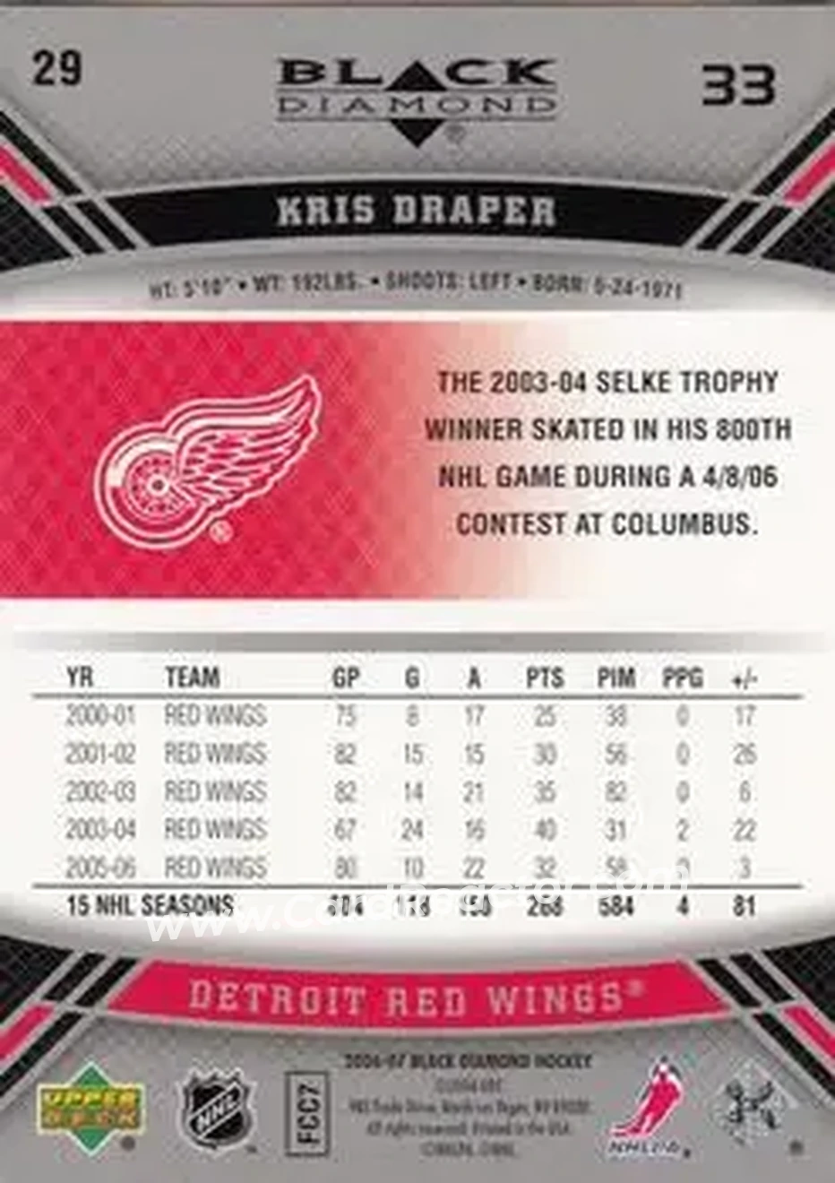 2006-07 Upper Deck Black Diamond #29 - Kris Draper - Detroit Red Wings - Back 2006-07 Upper Deck Black Diamond #29 - Kris Draper - Detroit Red Wings - Back