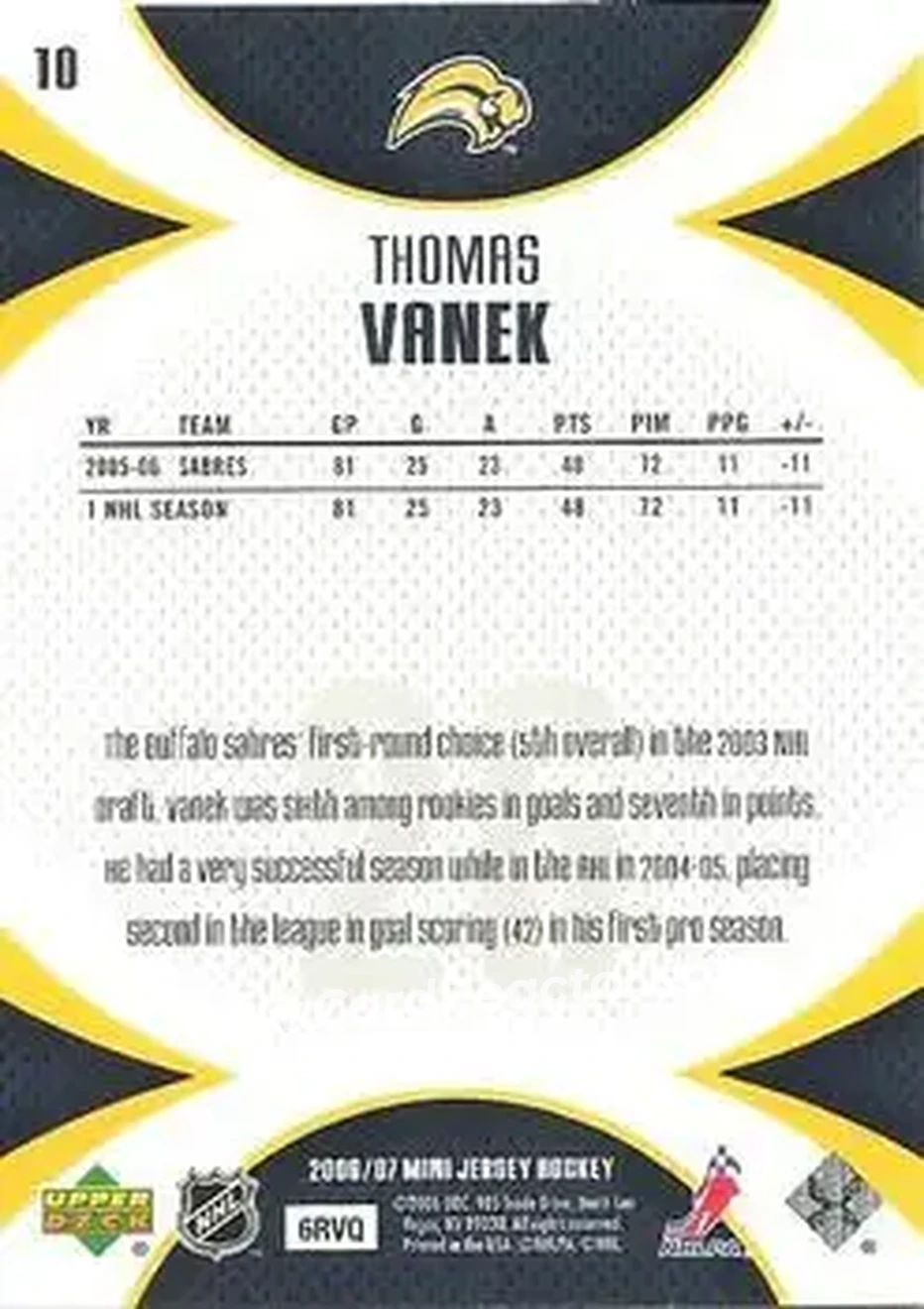 2006-07 Upper Deck Mini Jersey #10 - Thomas Vanek - Buffalo Sabres - Back 2006-07 Upper Deck Mini Jersey #10 - Thomas Vanek - Buffalo Sabres - Back