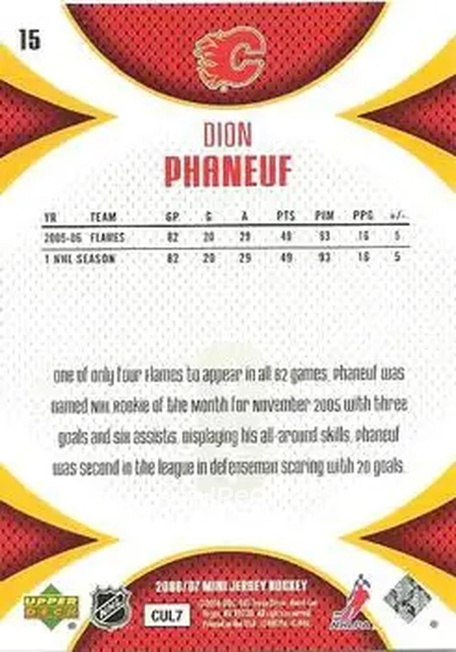 2006-07 Upper Deck Mini Jersey #15 - Dion Phaneuf - Calgary Flames - Back 2006-07 Upper Deck Mini Jersey #15 - Dion Phaneuf - Calgary Flames - Back